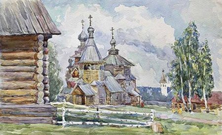 Суздаль деревянное зодчество акварель