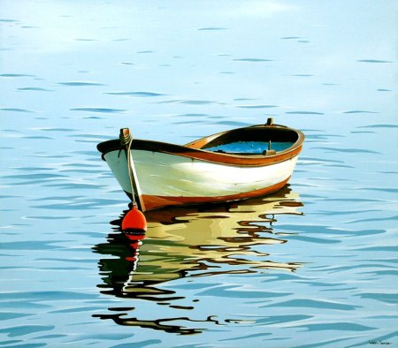 Лодка в море акварелью