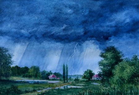 Пейзаж гроза акварелью