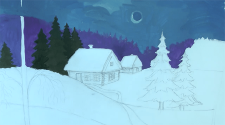 Зимний ночной пейзаж карандашом