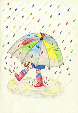 Рисование красками зонтик и дождь