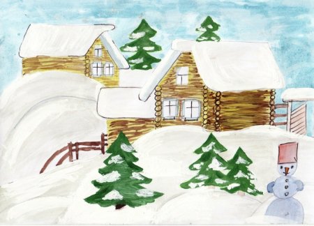 Деревня зимой рисунок