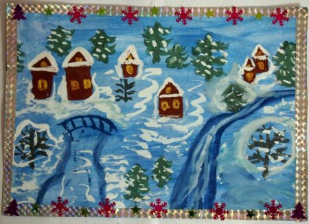 Рисование зима в деревне