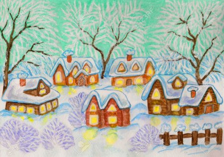 Зимний пейзаж домик в деревне рисование с детьми