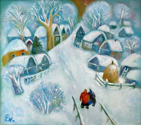 Зима в деревне рисунок