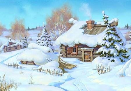 Зимний пейзаж с домиком акварелью