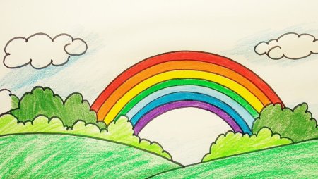 Пейзаж с радугой цветными карандашами