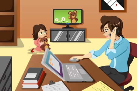 Иллюстрация мама с ребенком за компьютером