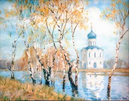 Церковь на берегу реки рисунок