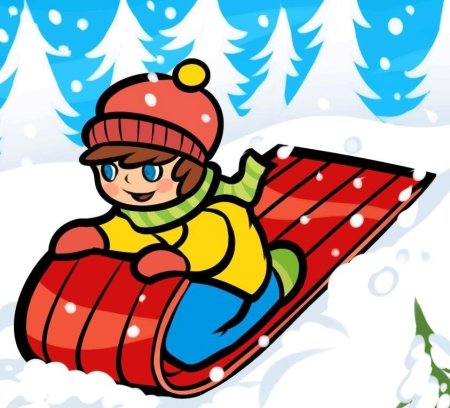 Дети катаются с горки зимой