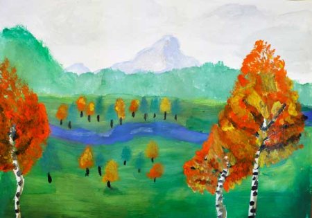 Осенний пейзаж красками для детей 5 лет