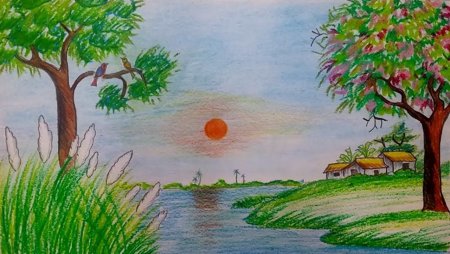 Пейзаж цветными карандашами для детей
