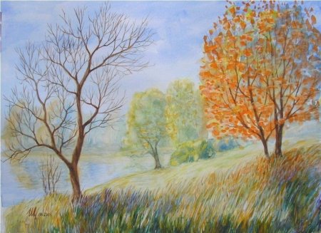 Осенний пейзаж восковыми мелками