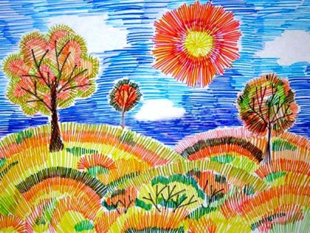 Осень цветными карандашами для детей