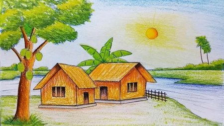 Летний пейзаж цветными карандашами