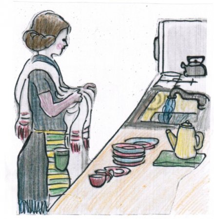 Хозяйка на кухне нарисованная