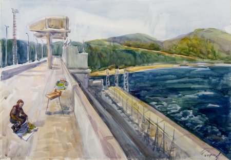 Линогравюра Братская ГЭС строится