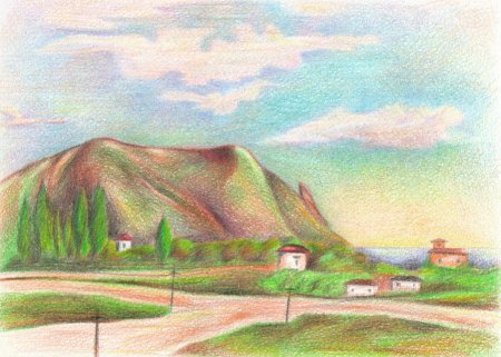 Пейзаж карандашами цветными холмы