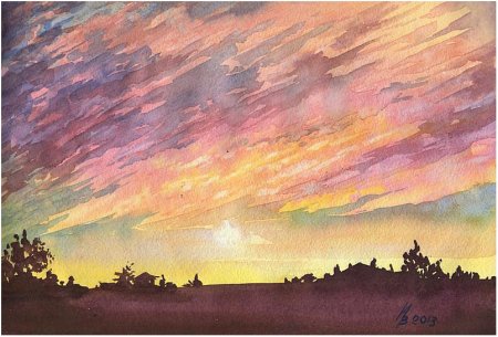 Вечерний пейзаж акварелью