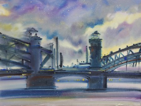 Санкт-Петербург акварель Большеохтинский мост