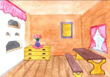 Интерьер русской избы карандашом