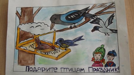 Детские рисунки зимующих птиц