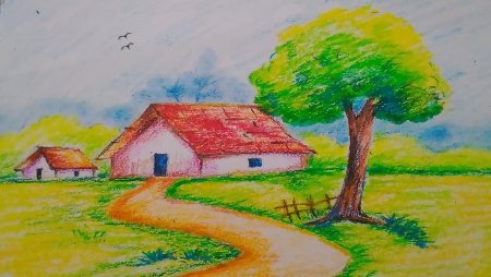 Летний пейзаж цветными карандашами