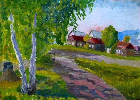 Сельский пейзаж гуашью