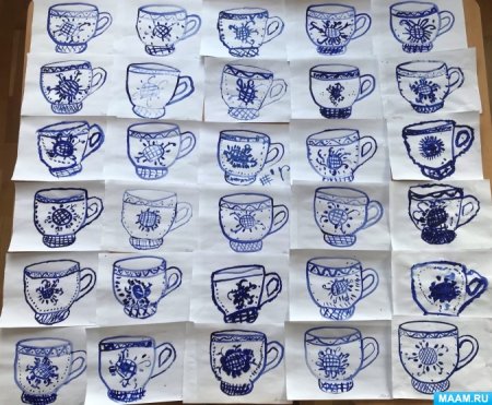 Рис Гжель тарелка чашка кувшин гуашь