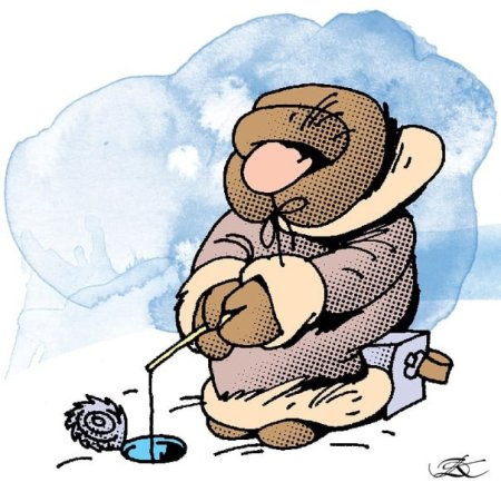 Карикатура на зимнего рыбака