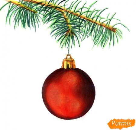 Рисование новогодней ветки с игрушками