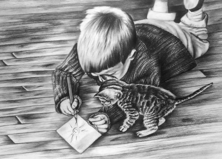 Мальчик с котенком рисунок