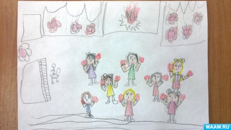 Дети танцуют на араздникев детском салу рисовагия