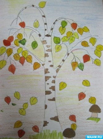 Рисование в дет саду береза осенью