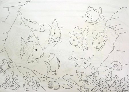 Рисование рыбки в аквариуме среди водорослей