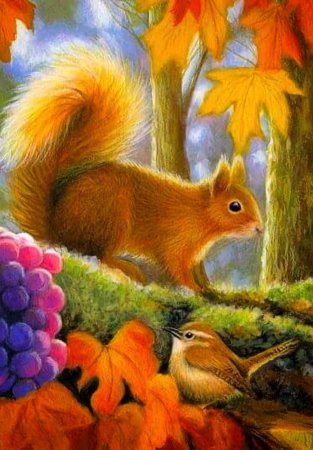 Белка и осень живопись