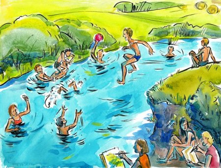Лето дети купаются в реке