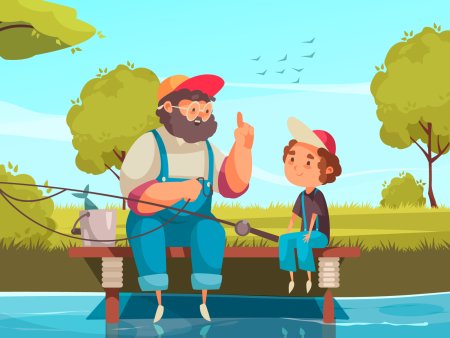 Дедушка с внуком рыбачат рисунки