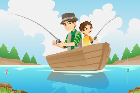 Мальчик в лодке с удочкой