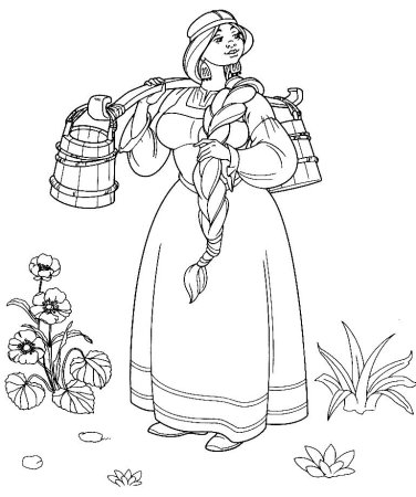 Раскраска девочка с коромыслом