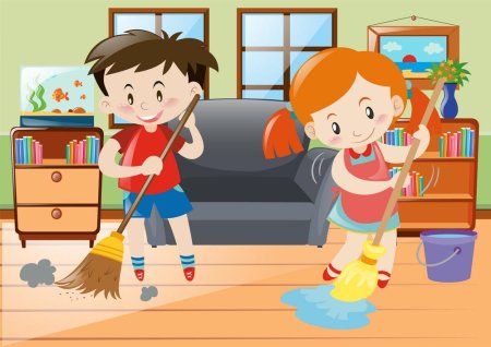 Мальчик и девочка убираются