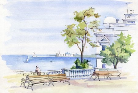 Акварель Приморский бульвар в Севастополе