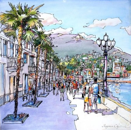 Набережная Ялты акварель