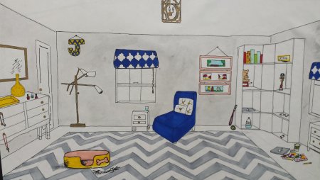 Рисунок детской комнаты с мебелью карандашом
