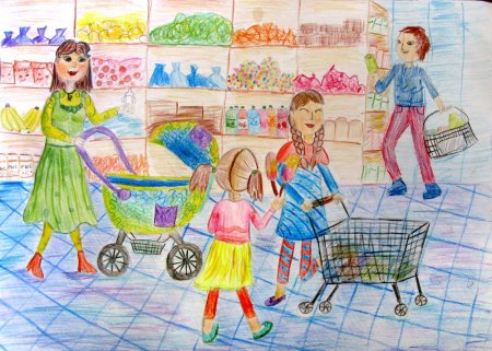 Нарисованная семья с покупками