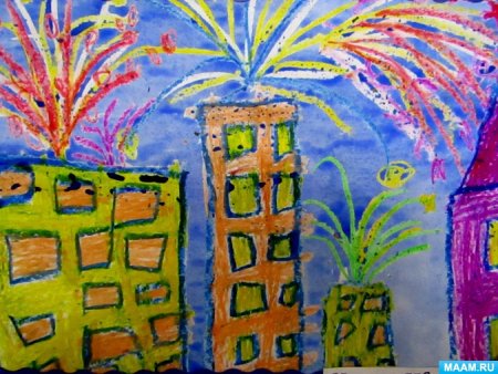 Праздничный салют восковые мелки акварель