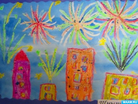 Праздничный салют восковые мелки акварель