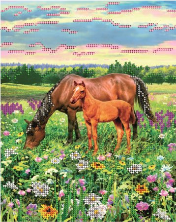 Лошадь с жеребенком на лугу