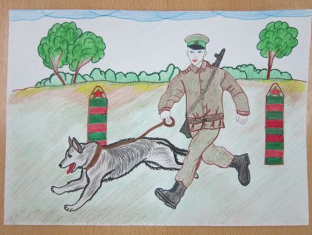 Детский рисунок пограничник с собакой. Простые срисовки.