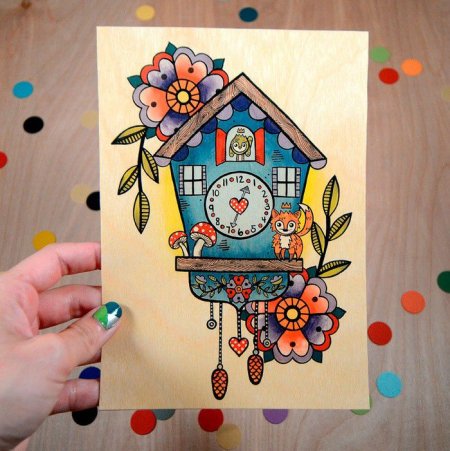 Часы с кукушкой акварель